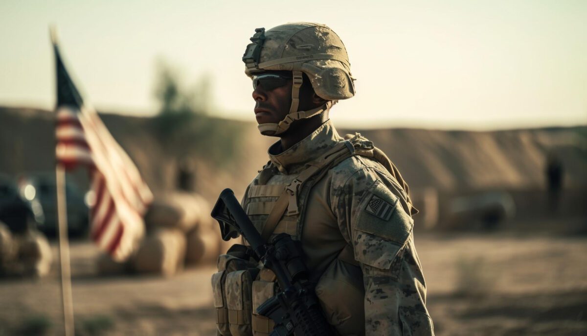 Nahaufnahme eines US-Soldaten in militärischer Tarnkleidung, Helm mit Schutzbrille, trägt eine Waffe, mit einer verschwommenen amerikanischen Flagge im Hintergrund, Wüstenlandschaft. Es soll die US Verteidigungsausgaben der USA mit einem Bild untermauern