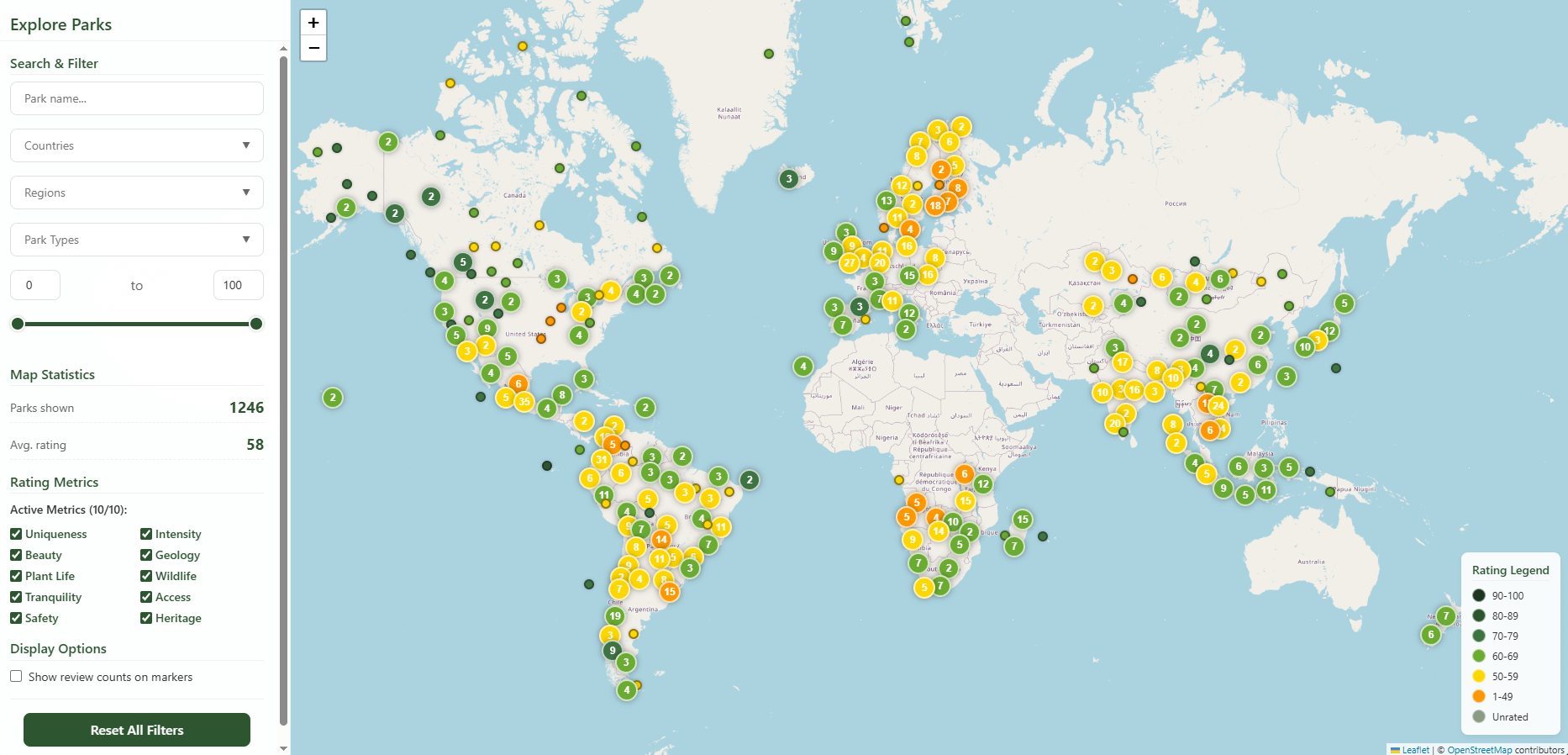 [OC] I made a website to crowdsource ratings for over 1,200 national parks around the world