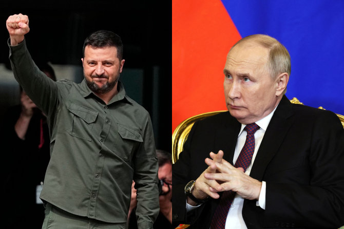 15min koliažas/Volodymyras Zelenskis ir Vladimiras Putinas