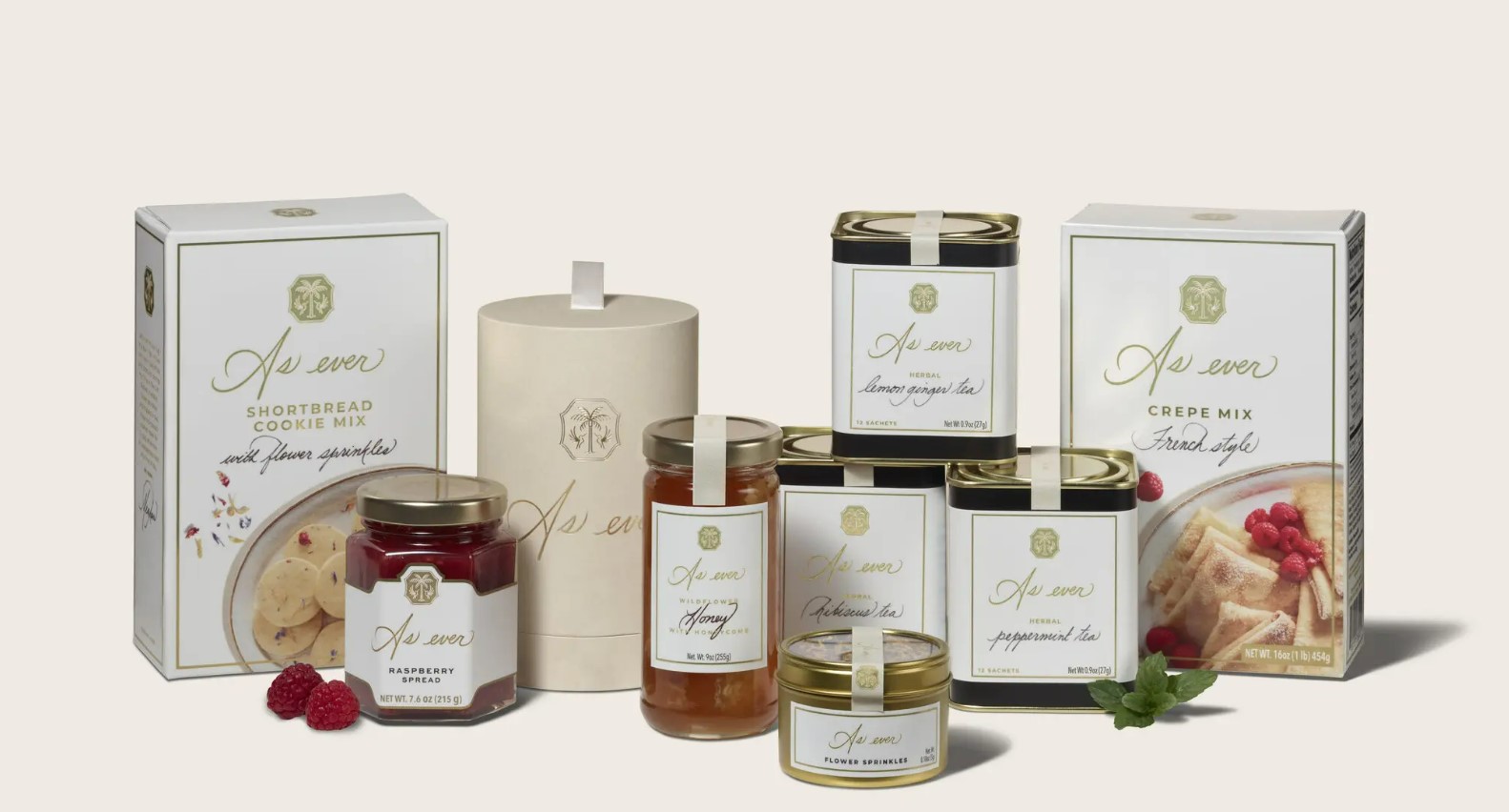 Product shot of As ever brand food and beverage items.