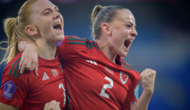 Ceri Holland celebrates with Lily Woodham after scoring for Wales against Denmark in the UEFA Nations League