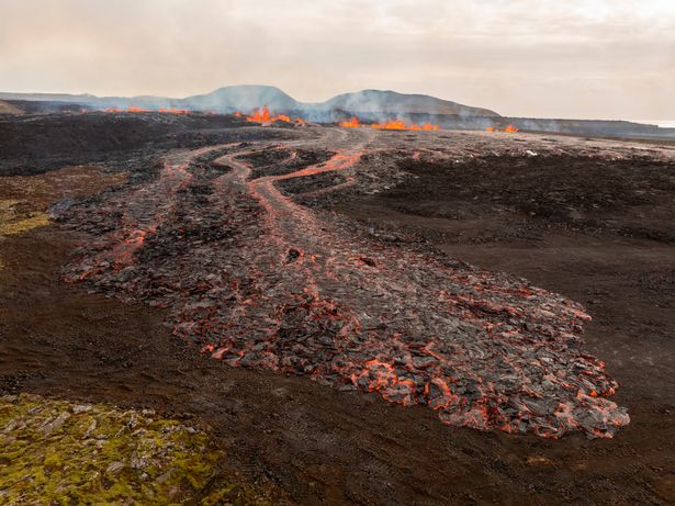 An aerial view of the volcanic eruption near the town of Grindavik, on the Reykjanes Peninsula, Iceland