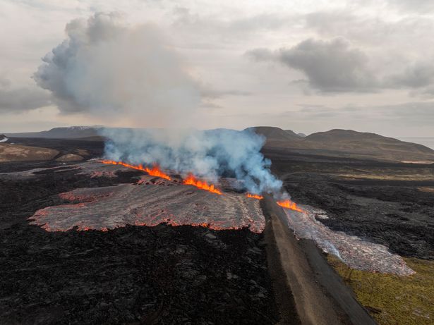 An areal view of the volcanic eruption near the town of Grindavik, on the Reykjanes Peninsula, Iceland, Tuesday, April 1, 2025