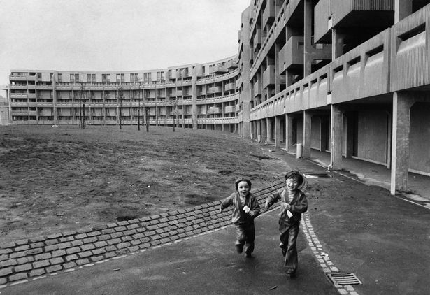Children running in the newly built John Nash Crescent, Hulme, Manchester. May 2 1971