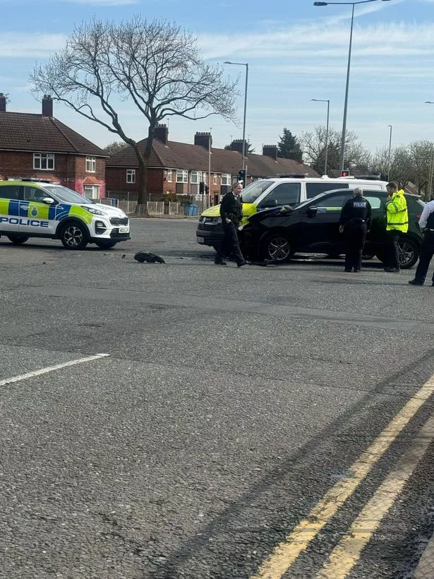 Photo shows police vehicle and black car involved in incident
