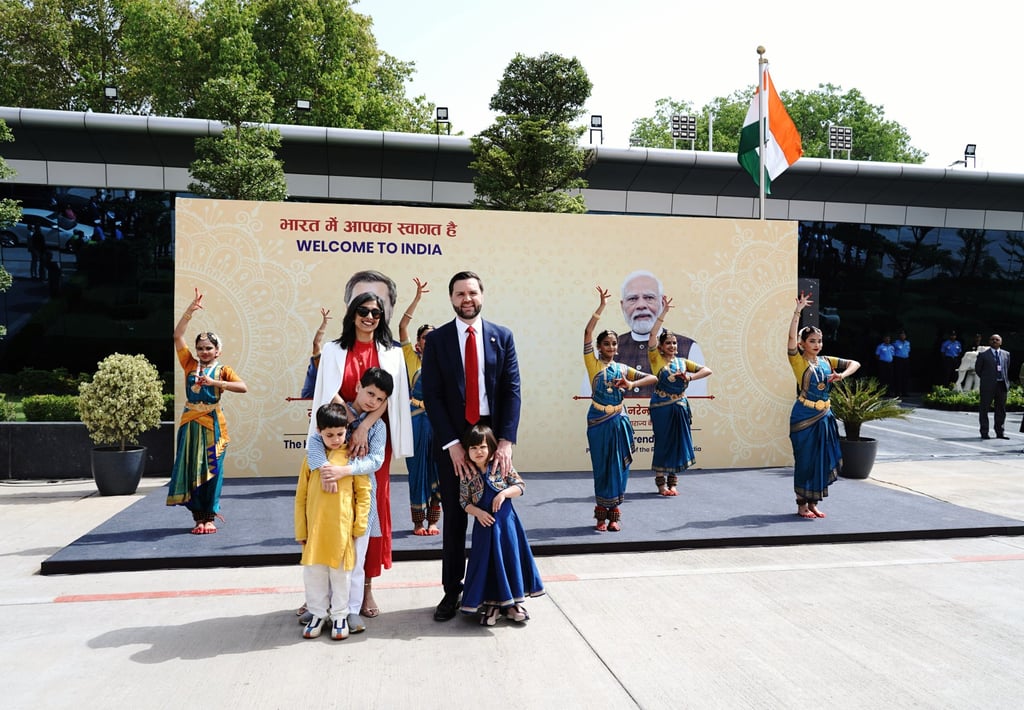 US Vice-President J.D. Vance and his wife Usha Vance pose for photos with their children upon their arrival in New Delhi, India, on Monday. Photo: EPA-EFE/Indian Ministry of External Affairs US Vice-President J.D. Vance and his wife Usha Vance pose for photos with their children upon their arrival in New Delhi, India, on Monday. Photo: EPA-EFE/Indian Ministry of External Affairs