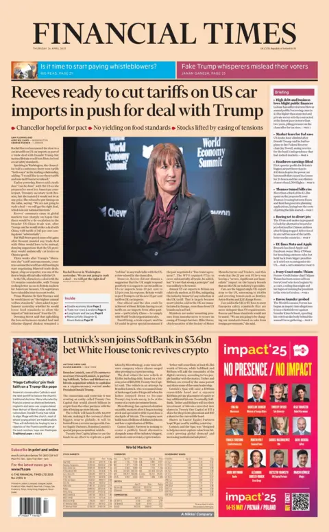 "Reeves ready to cut tariffs on US car imports in push for deal with Trump" reads the headline of the Financial Times on 24 April. 