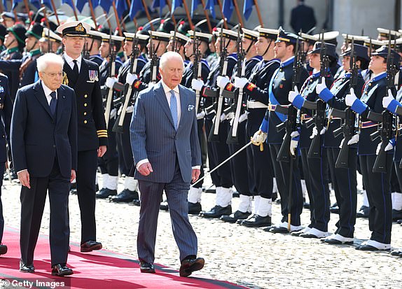 ROME, ITALY - APRIL 08: King Charles III with Italian President Sergio Mattarella (L) as they inspect the Guard of Honour in the courtyard during the ceremonial welcome ceremony at the Quirinale Palace during day two of his state visit to The Republic of Italy on April 08, 2025 in Rome, Italy. (Photo by Chris Jackson/Getty Images)