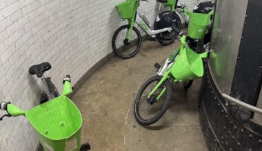 I'm getting really sick of Lime bikes blocking every footpath in this city. This is the state of Greenwich Foot Tunnel