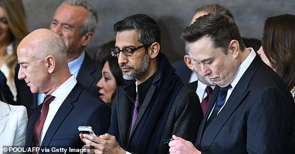 (L-R) Amazon founder Jeff Bezos, Google CEO Sundar Pichai, and Tesla and SpaceX CEO Elon Musk attend the inauguration ceremony before Donald Trump is sworn in as the 47th US President in the US Capitol Rotunda in Washington, DC, on January 20, 2025. (Photo by SAUL LOEB / POOL / AFP) (Photo by SAUL LOEB/POOL/AFP via Getty Images)