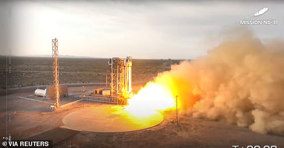 Pop star Katy Perry and journalists Gayle King, Lauren Sanchez, who is also billionaire Jeff Bezos' fiance and other participants, blast off into space on a Blue Origin rocket, as part of the New Shepard Mission NS-31, marking the first all-female flight crew in more than six decades, in West Texas, Texas, U.S., April 14, 2025, in this screen grab taken from a video. Blue Origin/Handout via REUTERS    THIS IMAGE HAS BEEN SUPPLIED BY A THIRD PARTY. NO RESALES. NO ARCHIVES. MANDATORY CREDIT
