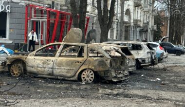 Damaged cars at the site of a Russian missile strike on Sumy. Pic: Reuters