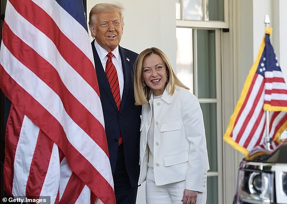 WASHINGTON, DC - APRIL 17: U.S. President Donald Trump greets Italian Prime Minister Giorgia Meloni outside the West Wing of the White House on April 17, 2025 in Washington, DC. Leader of the far-right Brothers of Italy party, Meloni is in Washington to discuss a range of bilateral issues, negotiate the 20 percent "reciprocal" tariff Trump imposed on European imports to the U.S., and to discuss pharmaceutical imports. (Photo by Win McNamee/Getty Images)