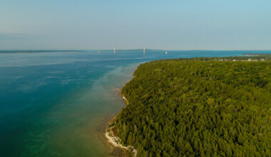 At the Straits of Mackinac, Line 5 splits into two 20-inch pipelines, running along the lake bed for about 4.5 miles, connecting Lake Michigan and Lake Huron. (CoastalSkyCaptures/Adobe Stock)