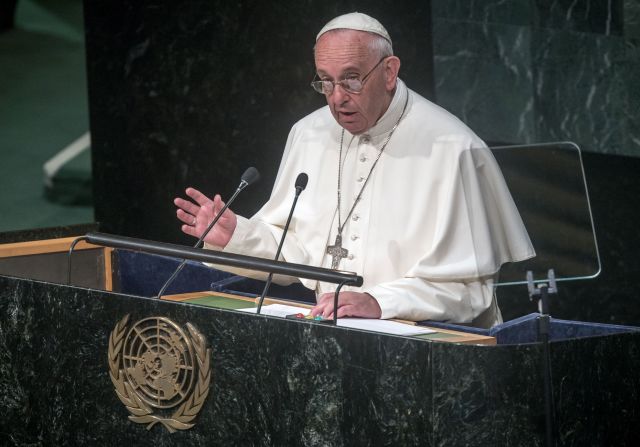 Pope Francis speaks at the United Nations General Assembly in September 2015. During <a href=