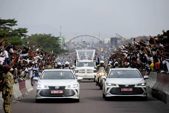 The Pope leaves Ndjili International Airport to attend a meeting in Kinshasa, Democratic Republic of Congo, in January 2023. <a href=