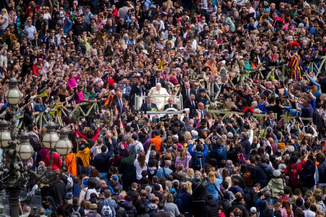 The Pope leaves Palm Sunday Mass at St. Peter's Square in April 2023. It was a day after he was discharged from the hospital, where he was treated for a respiratory infection.