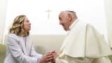 Italian Premier Giorgia Meloni receives Pope Francis as he arrives at the G7 Leaders Summit on day two of the 50th G7 summit at Borgo Egnazia on June 14, 2024 in Fasano, Italy.