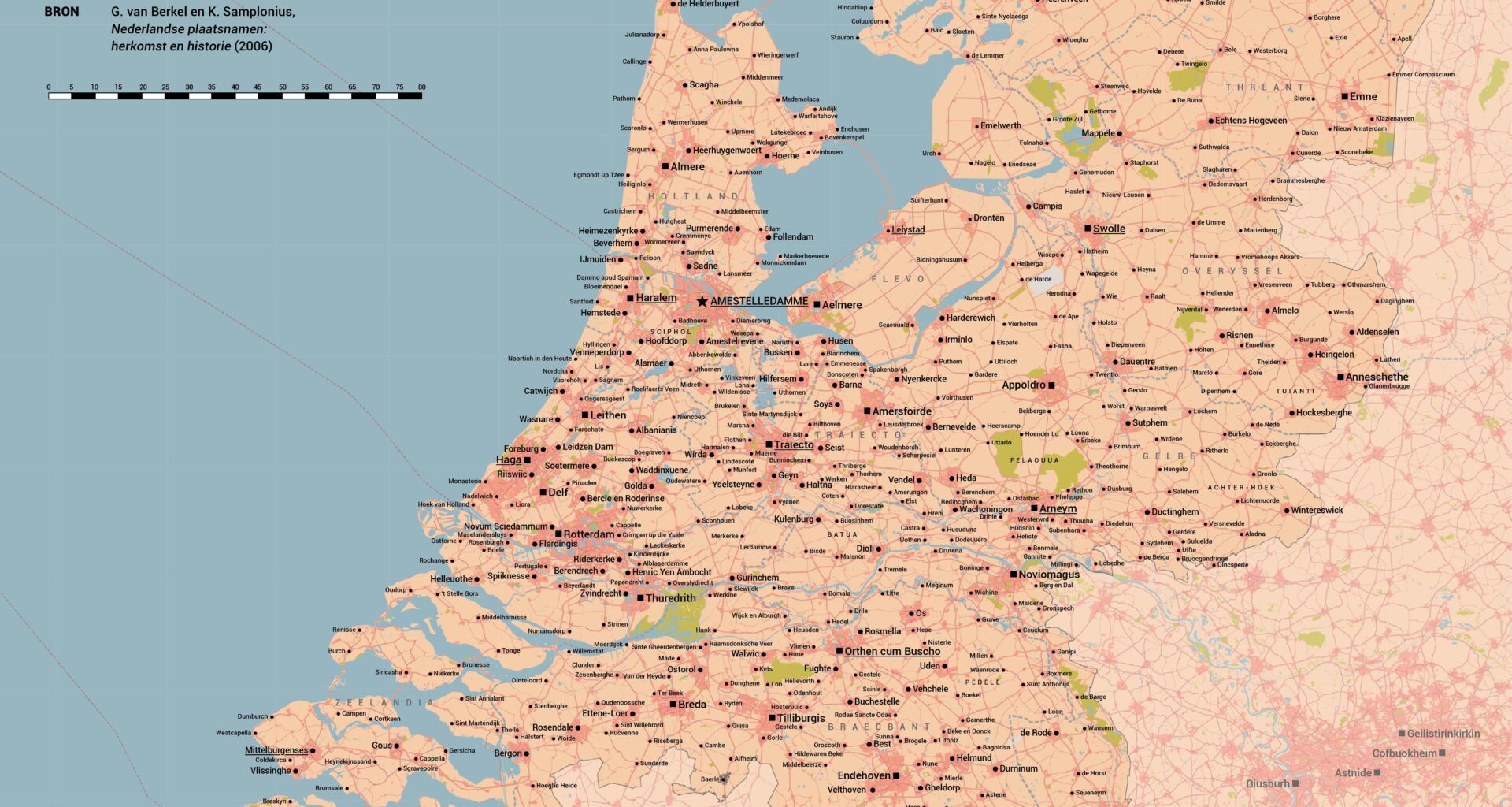Kaart van NL met plaatsnamen in oudste aangetroffen schrijfwijze