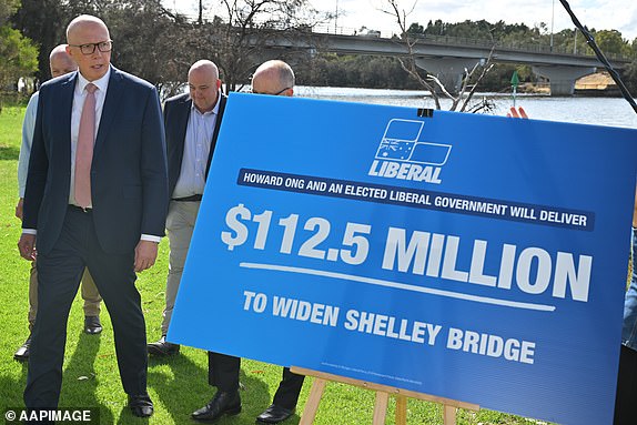 Leader of the Opposition Peter Dutton at a funding announcement in Shelley, Perth, on day 26 of his 2025 Federal Election Campaign in the seat of Swan, Wednesday, April 23, 2025. (AAP Image/Mick Tsikas) NO ARCHIVING