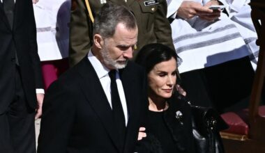 King Felipe and Queen Letizia look solemn as they attend Pope Francis's funeral
