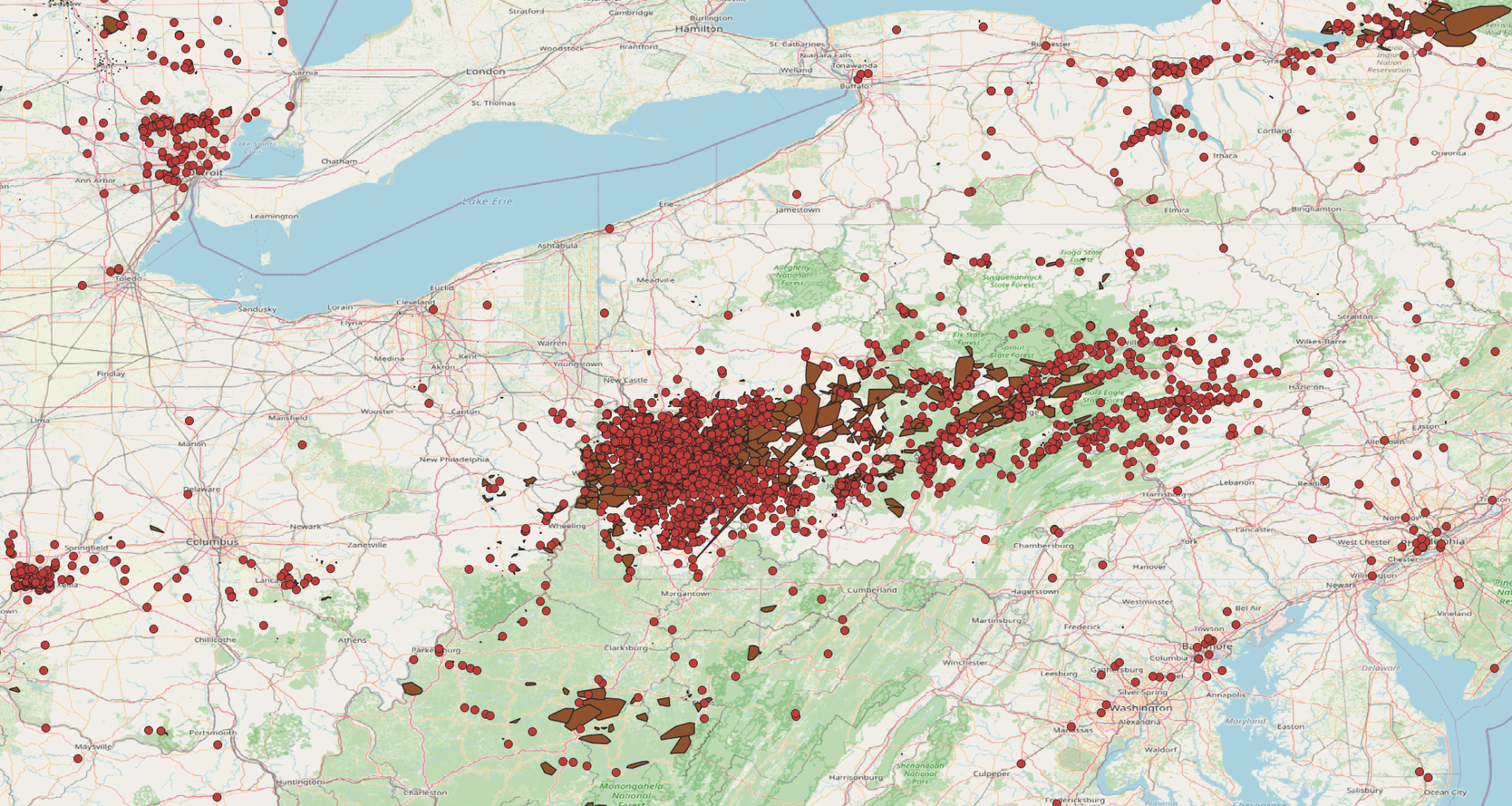 [OC] Geospatial representation of the current 500k power outages in Pennsylvania.