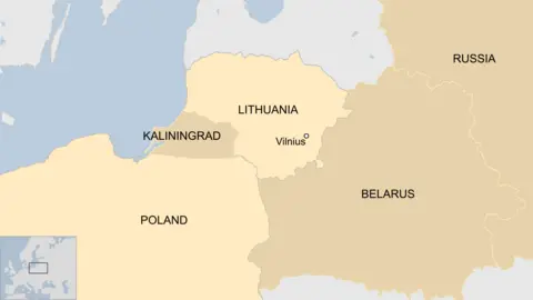 A map showing Lithuania, Poland, Kaliningrad, Belarus and Russia