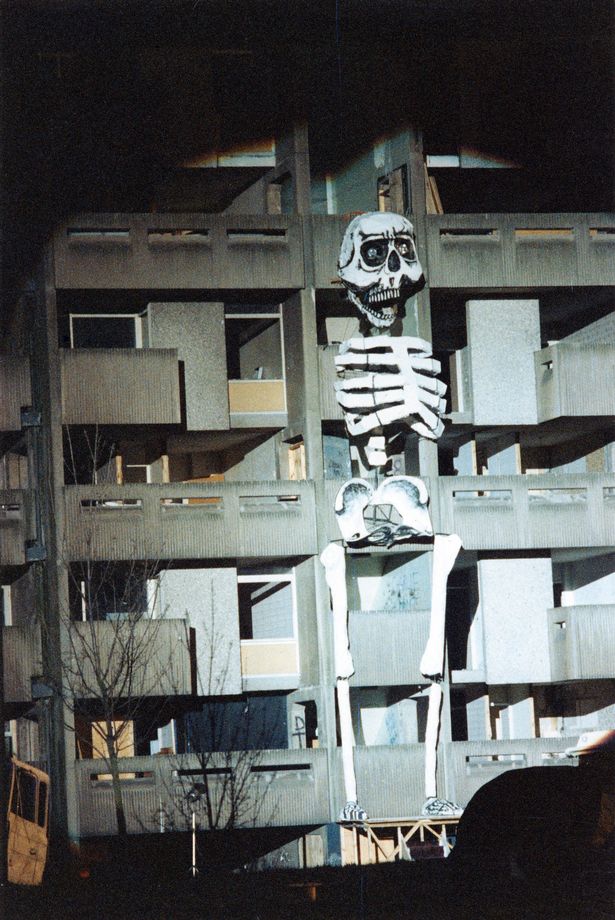 A giant skeleton symbolising the end of Hulme Crescents