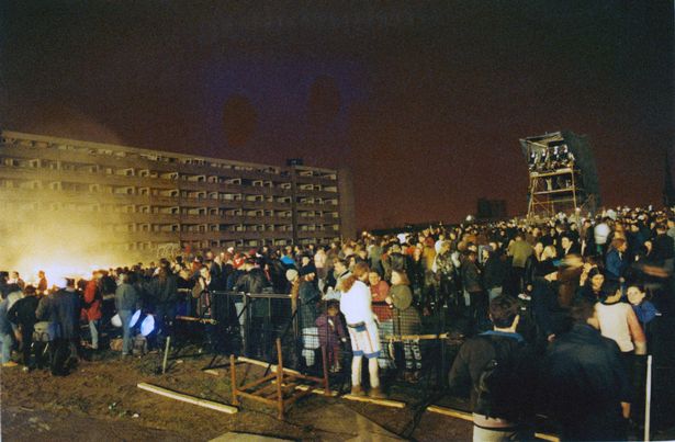 A massive community event to mark the beginning of the end for Hulme's notorious Crescents. March 1993