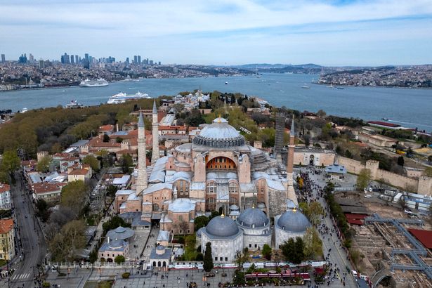 This aerial photograph shows scaffolds installed on the Hagia Sophia Grand Mosque in Istanbul on April 14, 2025.