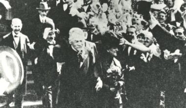 In 1918, a camera captured P. O. Hviezdoslav in Prague, tipping his hat to the crowd.