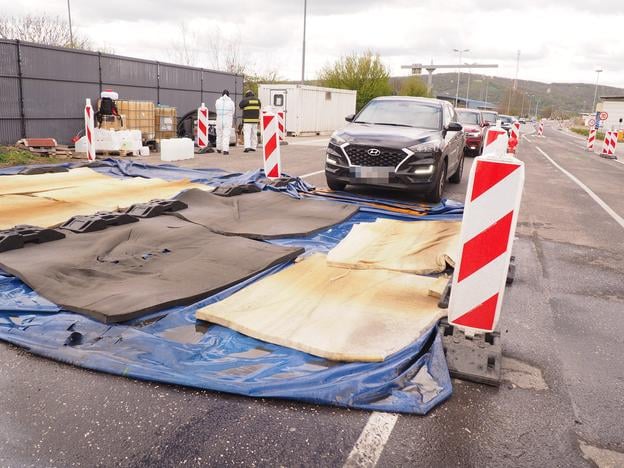 Disinfection frames at the Petržalka-Berg Slovak-Austrian border crossing on Monday.