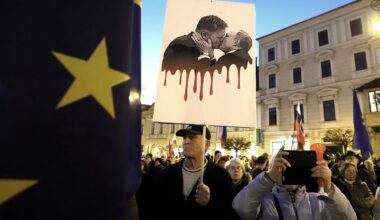 Protesters during the anti-government rally "Slovakia is Europe" at Freedom Square in Banská Bystrica on 7 March 2025.