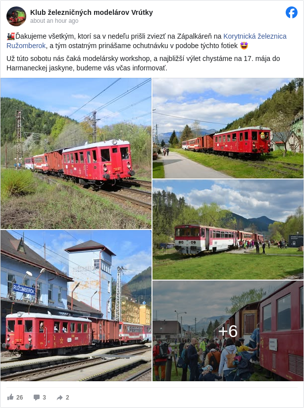 Klub železničných modelárov Vrútky: 🚂Ďakujeme všetkým, ktorí sa v nedeľu prišli zviezť na Zápalkáreň na Korytnická železnica Ružomberok <https://www.facebook.com/korytnicka.zeleznica?fref=mentions&ref=embed_post>, a tým ostatným prinášame ochutnávku v podobe týchto fotiek 🤩

 Už túto sobotu nás čaká modelársky workshop, a najbližší výlet chystáme na 17. mája do Harmaneckej jaskyne, budeme vás včas informovať.

