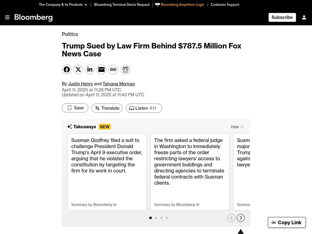 Trump Sued by Law Firm Behind $787.5 Million Fox News Case