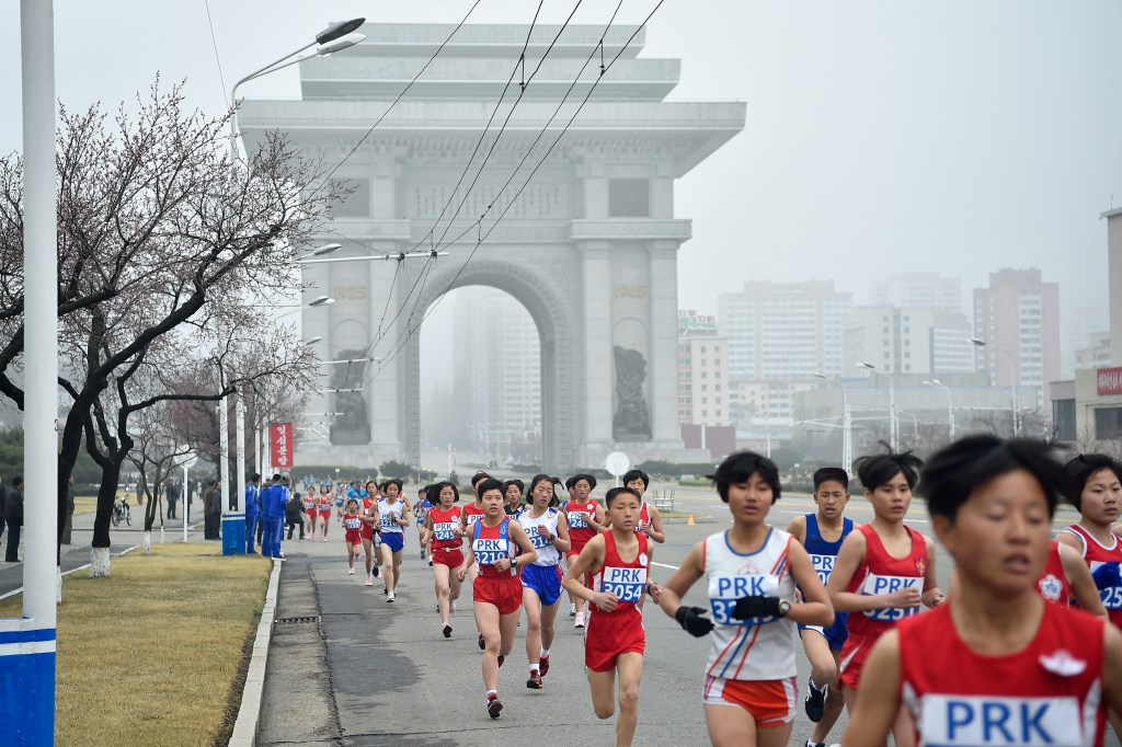 Participants take part in the 31st Pyongyang International Marathon in Pyongyang on April 6, 2025