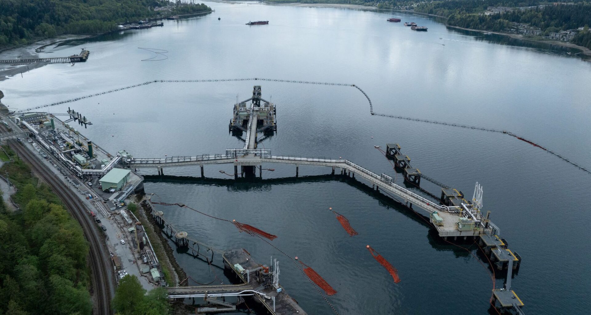 A drone view of three berths able to load vessels with oil is seen after their construction at Westridge Marine Terminal, the terminus of the Canadian government-owned Trans Mountain pipeline expansion project in Burnaby, British Columbia, Canada, April 26, 2024. REUTERS/Chris Helgren/File Photo