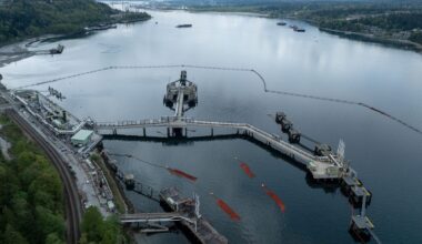 A drone view of three berths able to load vessels with oil is seen after their construction at Westridge Marine Terminal, the terminus of the Canadian government-owned Trans Mountain pipeline expansion project in Burnaby, British Columbia, Canada, April 26, 2024. REUTERS/Chris Helgren/File Photo