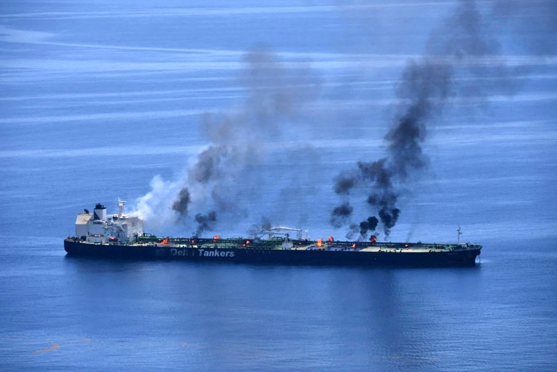 Flames and smoke rise from the Greek-flagged oil tanker Sounion, which has been on fire since August 23, on the Red Sea, on August 25, 2024.