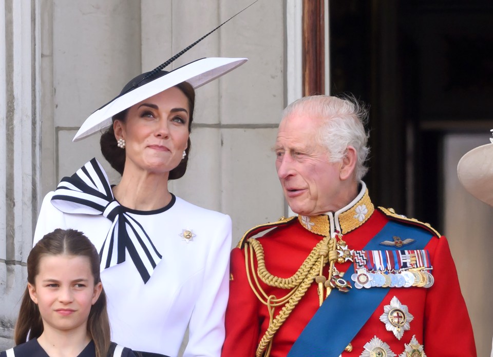 King Charles III, Catherine, Princess of Wales, and Princess Charlotte at Trooping the Colour.