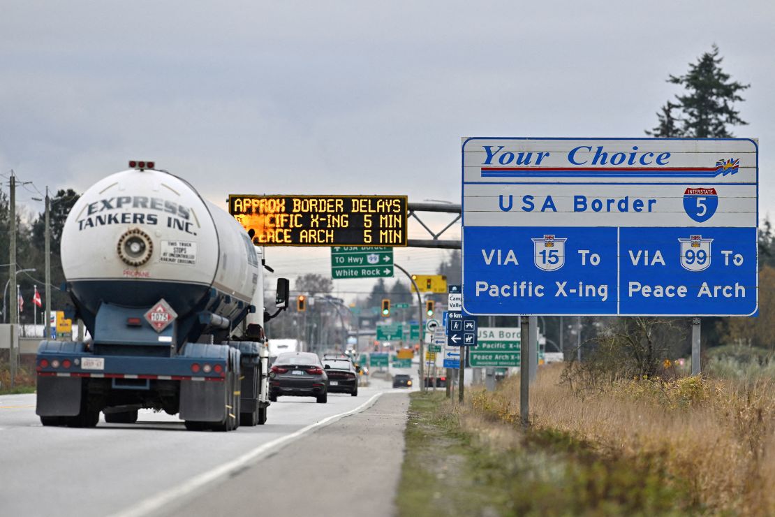 Commercial trucks head towards the US Customs and Border Protection entry point from south Surrey, Canada, on November 26, 2024. Canadians have been vocal about canceling their trips to the US in protest of Trump’s policies, including tariffs.