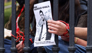 Demonstrators chain themselves to gates at Columbia University to denounce the arrest of Mahmoud Khalil in New York