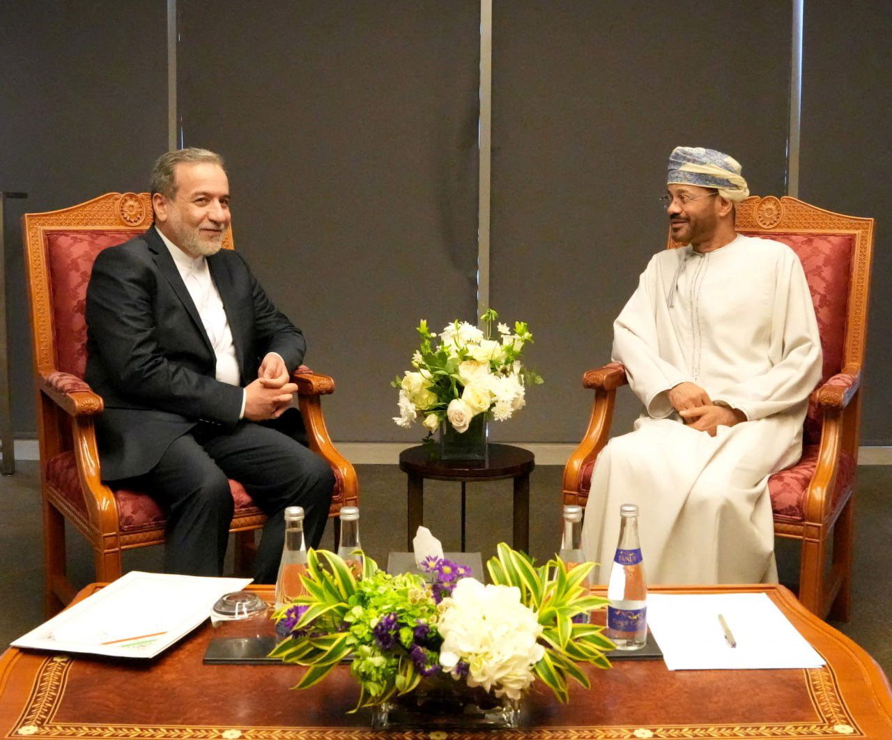 Iranian Foreign Minister Abbas Araghchi meets with Omani Foreign Minister Sayyid Badr Albusaidi in Muscat, Oman, on Saturday.