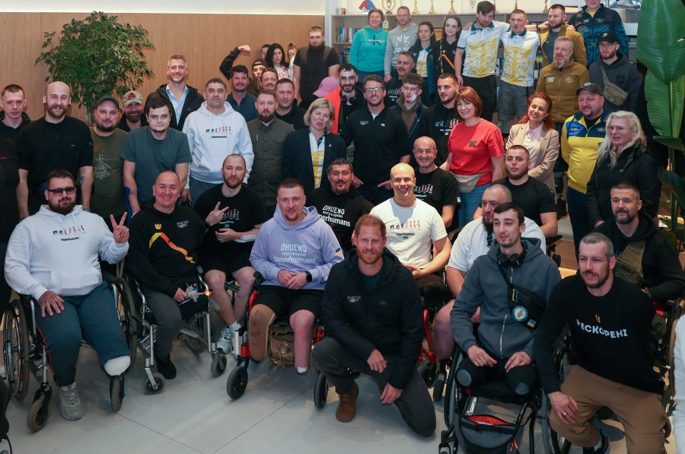 Prince Harry with patients and staff at the Superhumans Centre in Lviv, Ukraine.