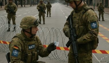 a group of soldiers in military uniforms standing in a street