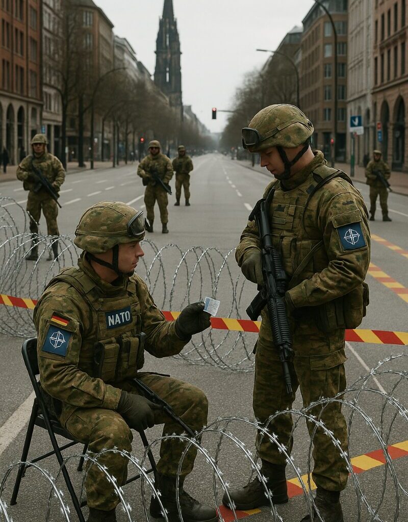 a group of soldiers in military uniforms standing in a street