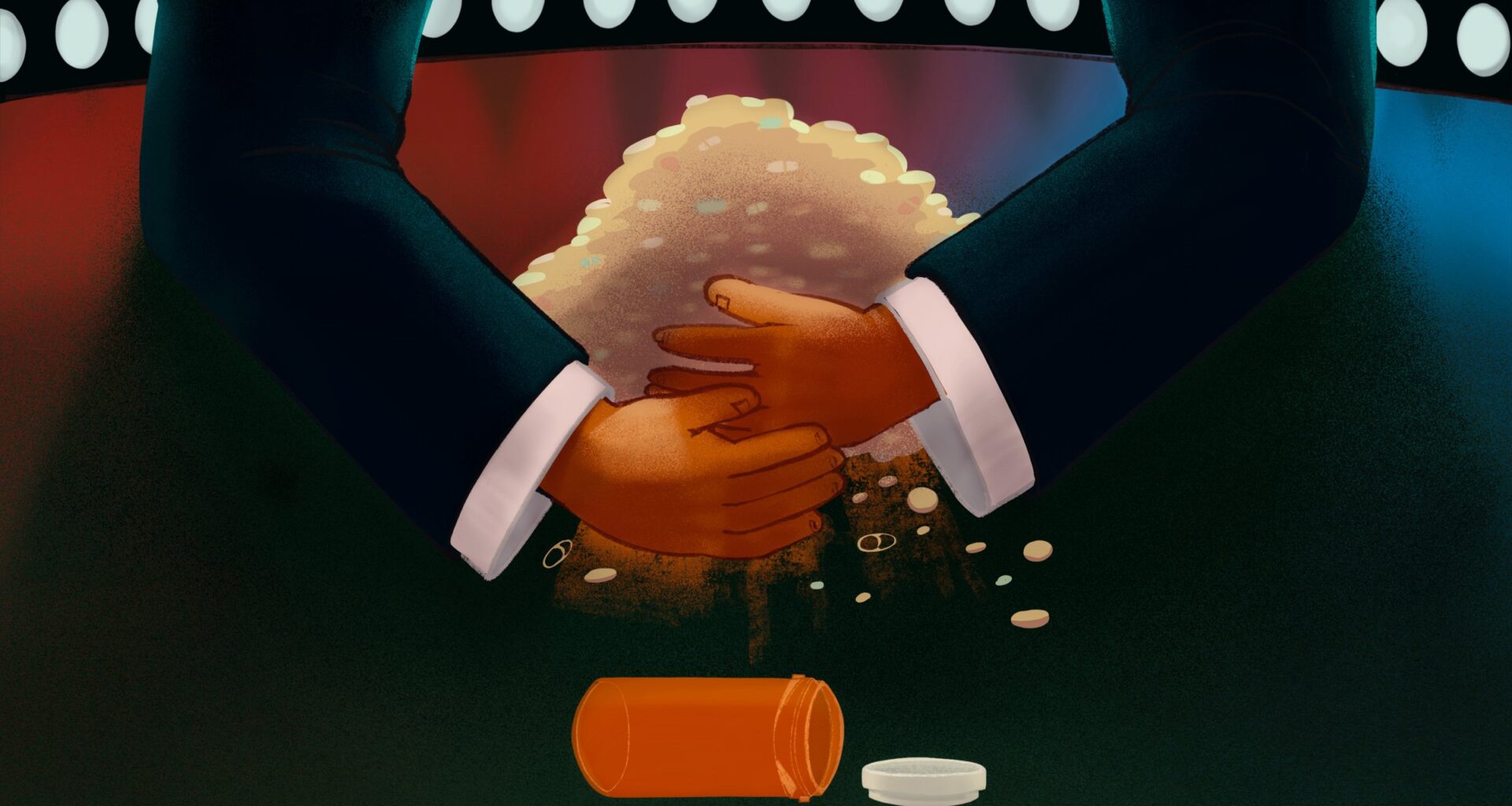 Small orange hands in oversized suit sleeves pull a pile of medications towards themselves at a poker table, as thought they were chips, as only an empty prescription bottle is left behind.
