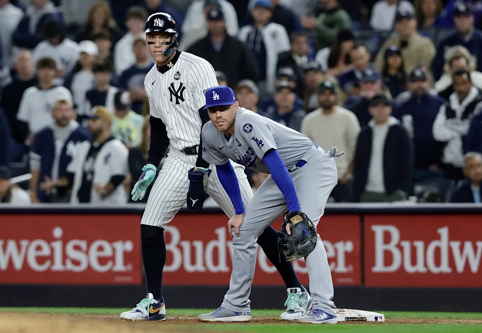 Aaron Judge and Freddie Freeman during Game 4 of the 2024 World Series. (Jim McIsaac/Getty Images)