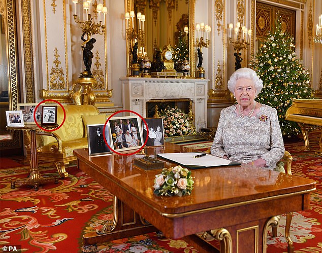 At the 2018 Christmas Speech, Prince Harry and Meghan were visible in two framed photographs (circled)