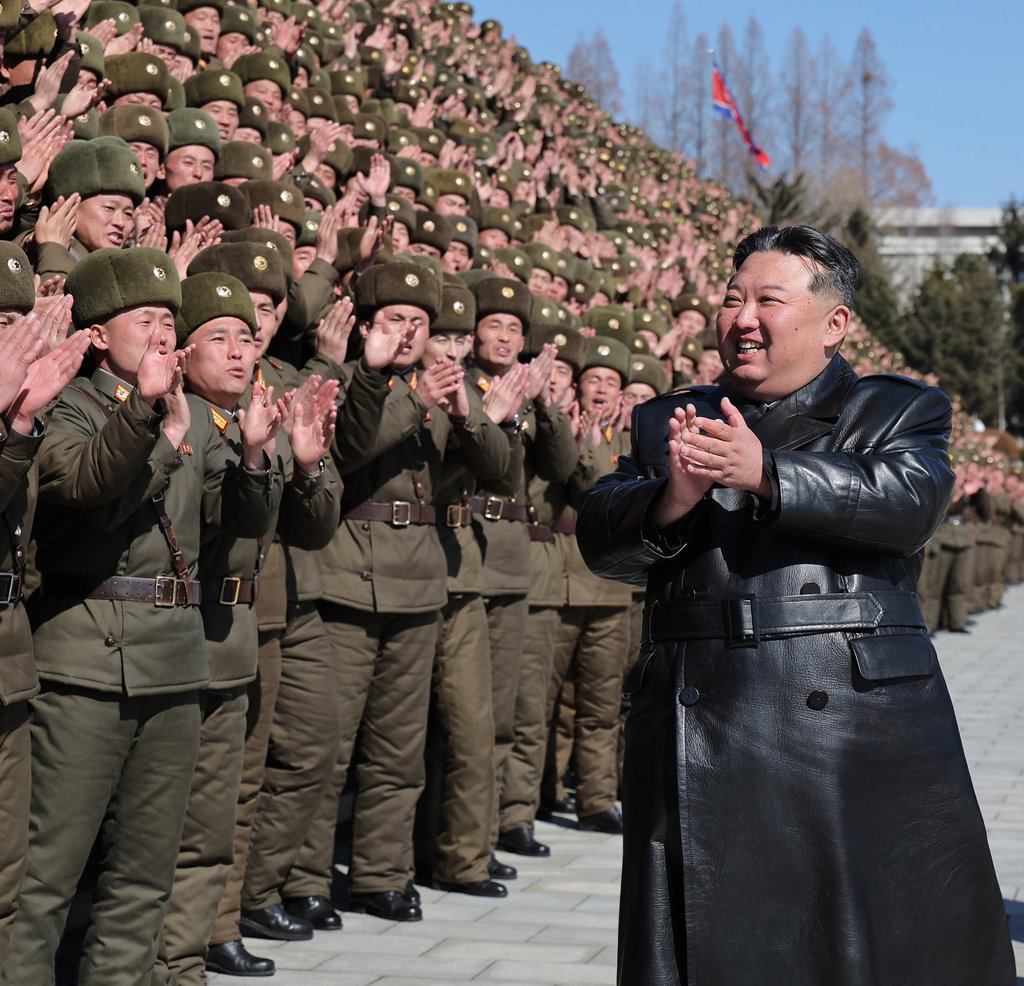 North Korean leader Kim Jong-un (right) visits the Kim Il-sung University of Politics in Pyongyang, North Korea, on February 24. Photo: North Korean Central News Agency/EPA-EFE